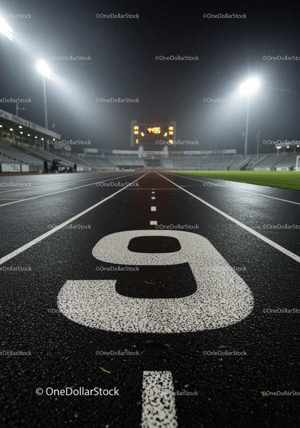 Pusta dziewiąta bieżnia na torze lekkoatletycznym pod światłami stadionu