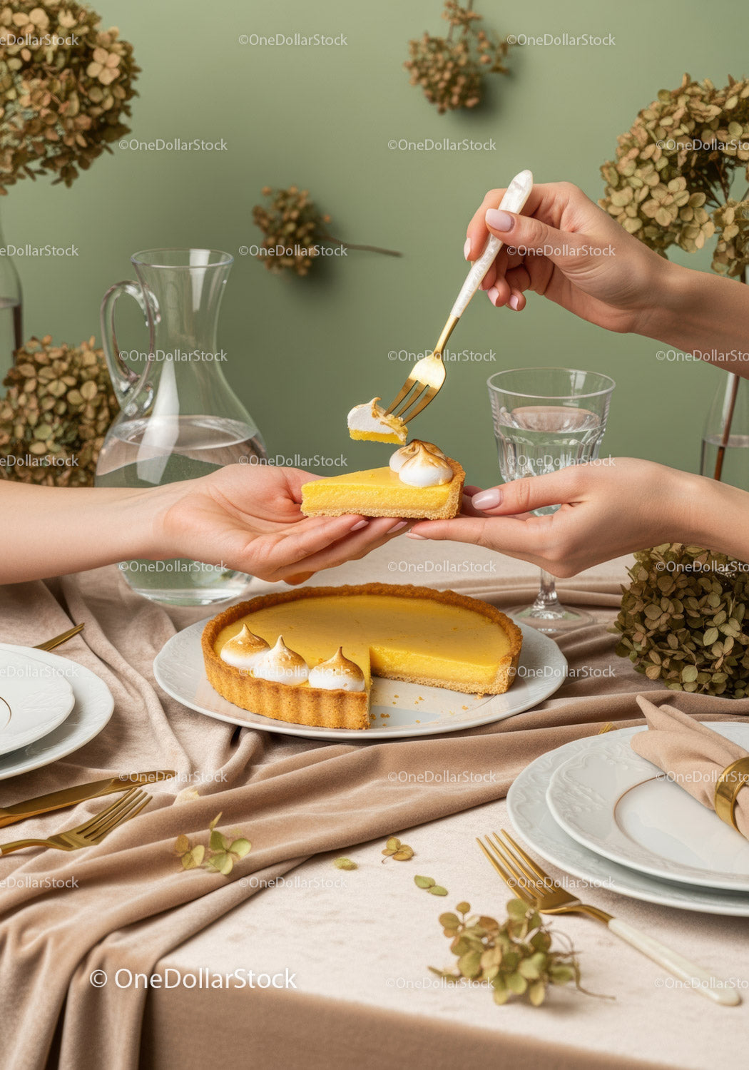 Elegant Lemon Tart Being Served at a Stylish Table with Floral Decor