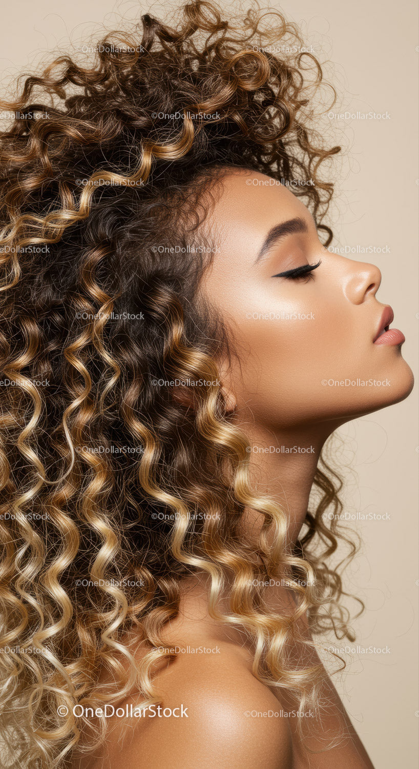Profile of woman with voluminous curly highlighted hair
