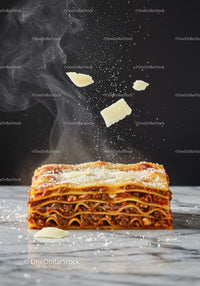 Hot lasagna slice with falling parmesan cheese flakes
