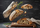 Rustic sliced sourdough bread with rosemary and salt