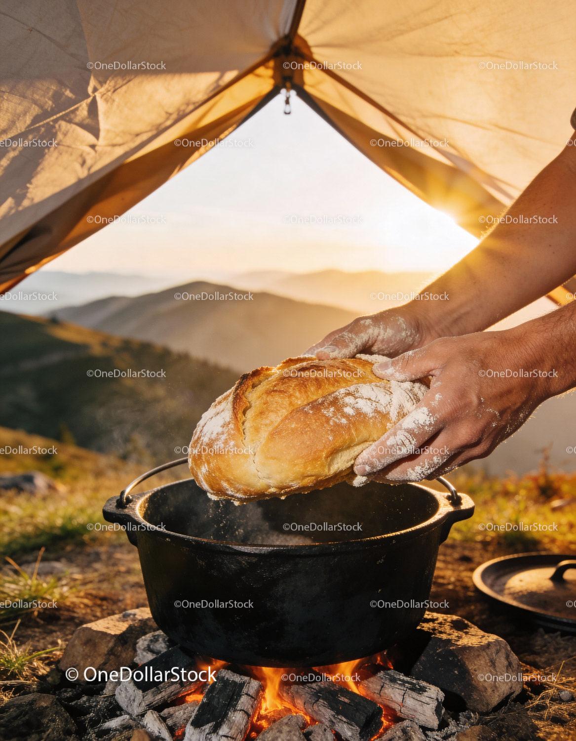 Placing Freshly Baked Bread into Cast Iron Pot Outdoors