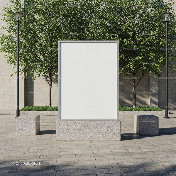 Blank urban billboard with greenery and modern lamps JPG Mockup Image