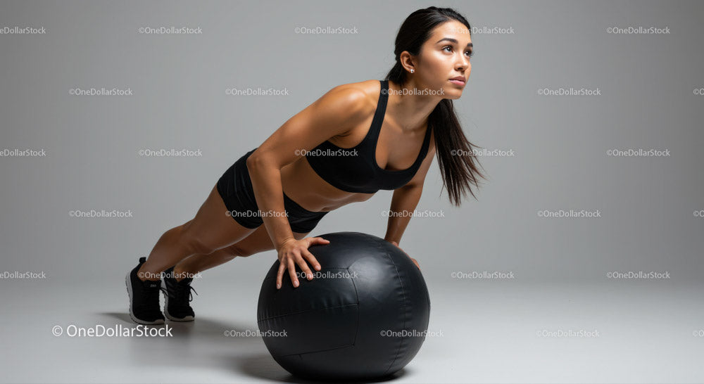 Trening silnej kobiety z piłką lekarską w nowoczesnym studiu fitness