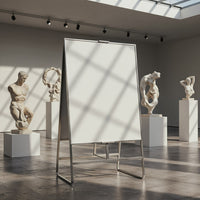 Blank easel in modern art gallery with classical sculptures