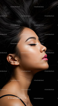 Profile of woman with flowing dark hair and makeup
