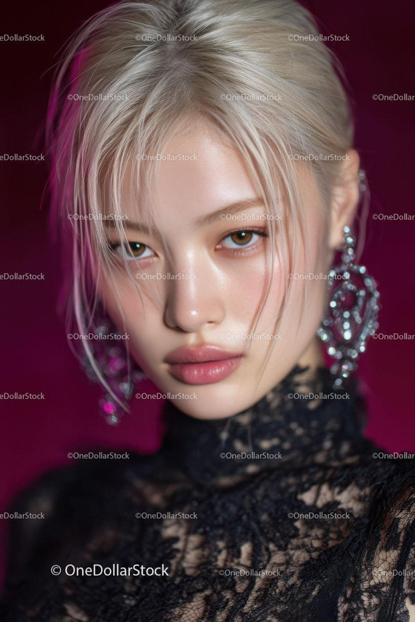 Fashionable Young Woman with Platinum Blonde Hair and Glamorous Style