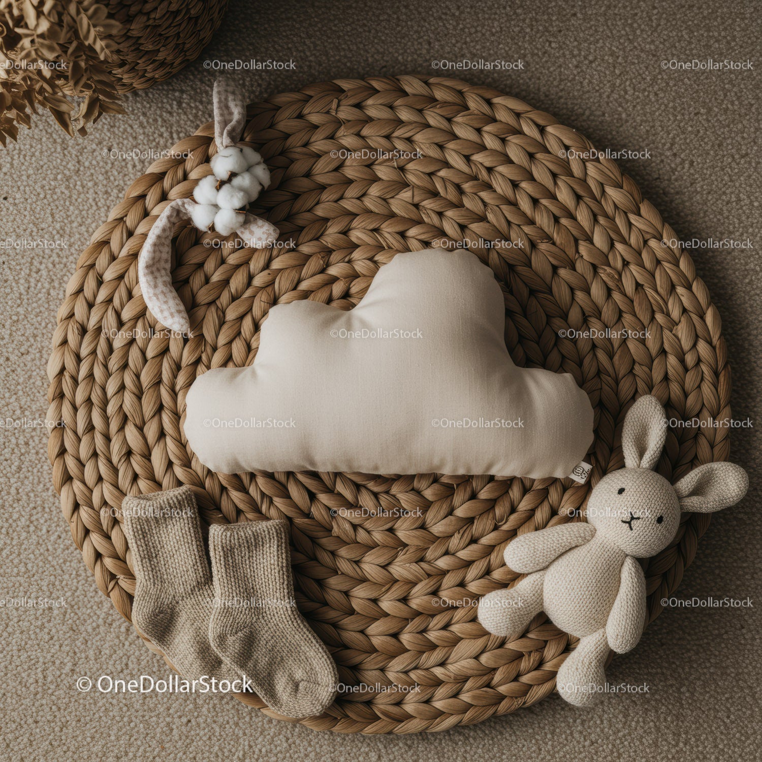 Cozy Baby Accessories with Neutral Tones on Woven Mat