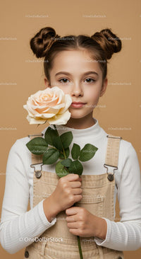 Young Girl with Pale Peach Rose Portrait on Soft Beige Background