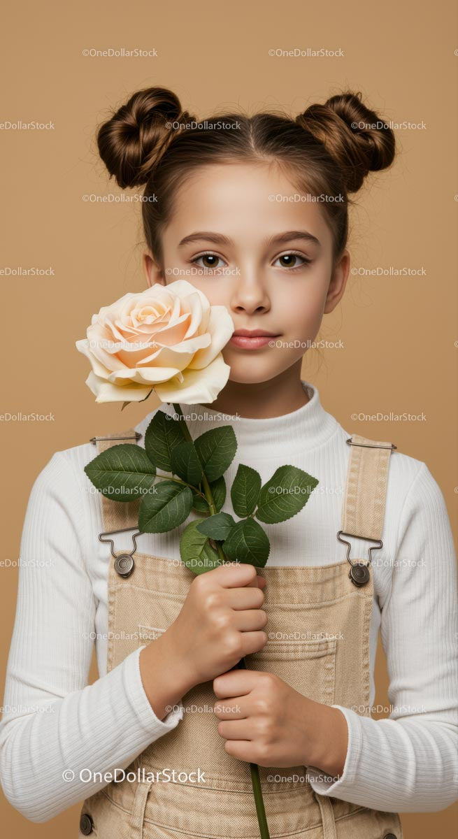 Young Girl with Pale Peach Rose Portrait on Soft Beige Background