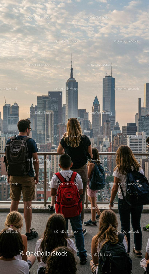 Children Watching City Skyline From Observation Deck in Urban Setting