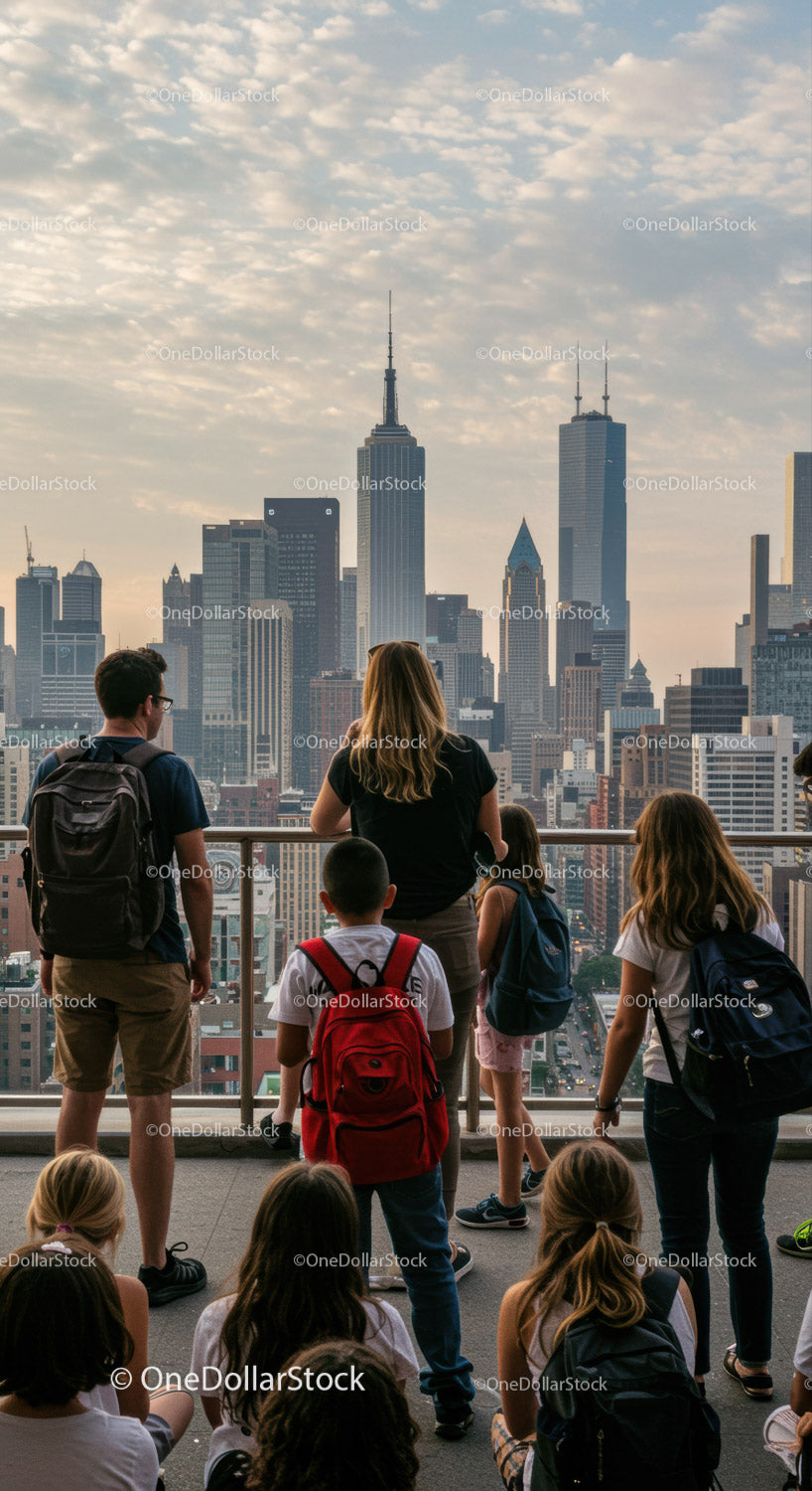 Children Watching City Skyline From Observation Deck in Urban Setting