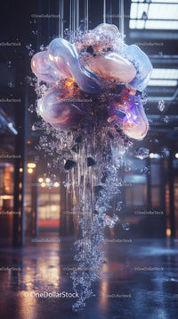 Illuminated Glass and Ice Sculpture Art Installation in Modern Space