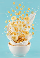 Splash of Milk with Cereal Rings and Banana Slices