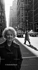 Elderly Woman Standing on a Busy City Crosswalk in Black and White