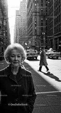 Elderly Woman Standing on a Busy City Crosswalk in Black and White