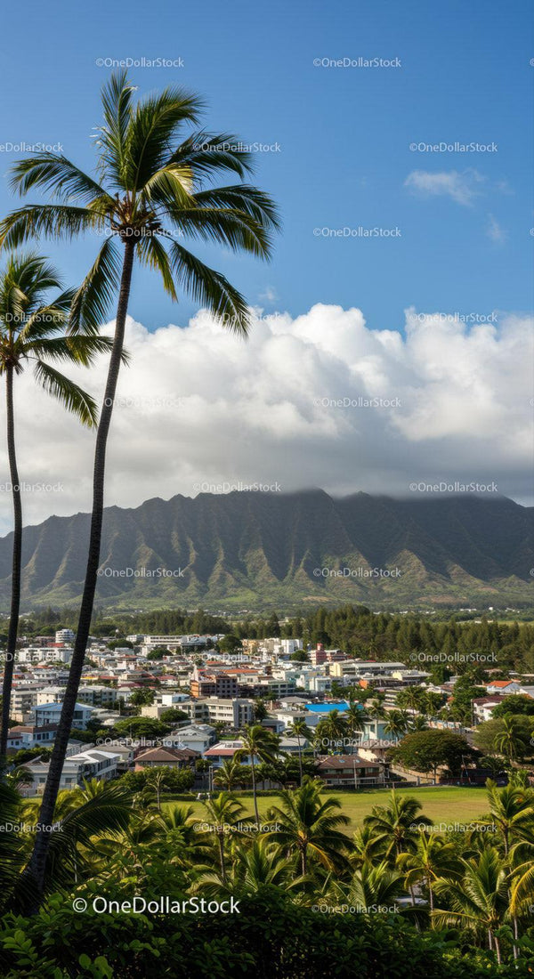 Tropical Palm Trees Overlooking Coastal City with Mountain Background