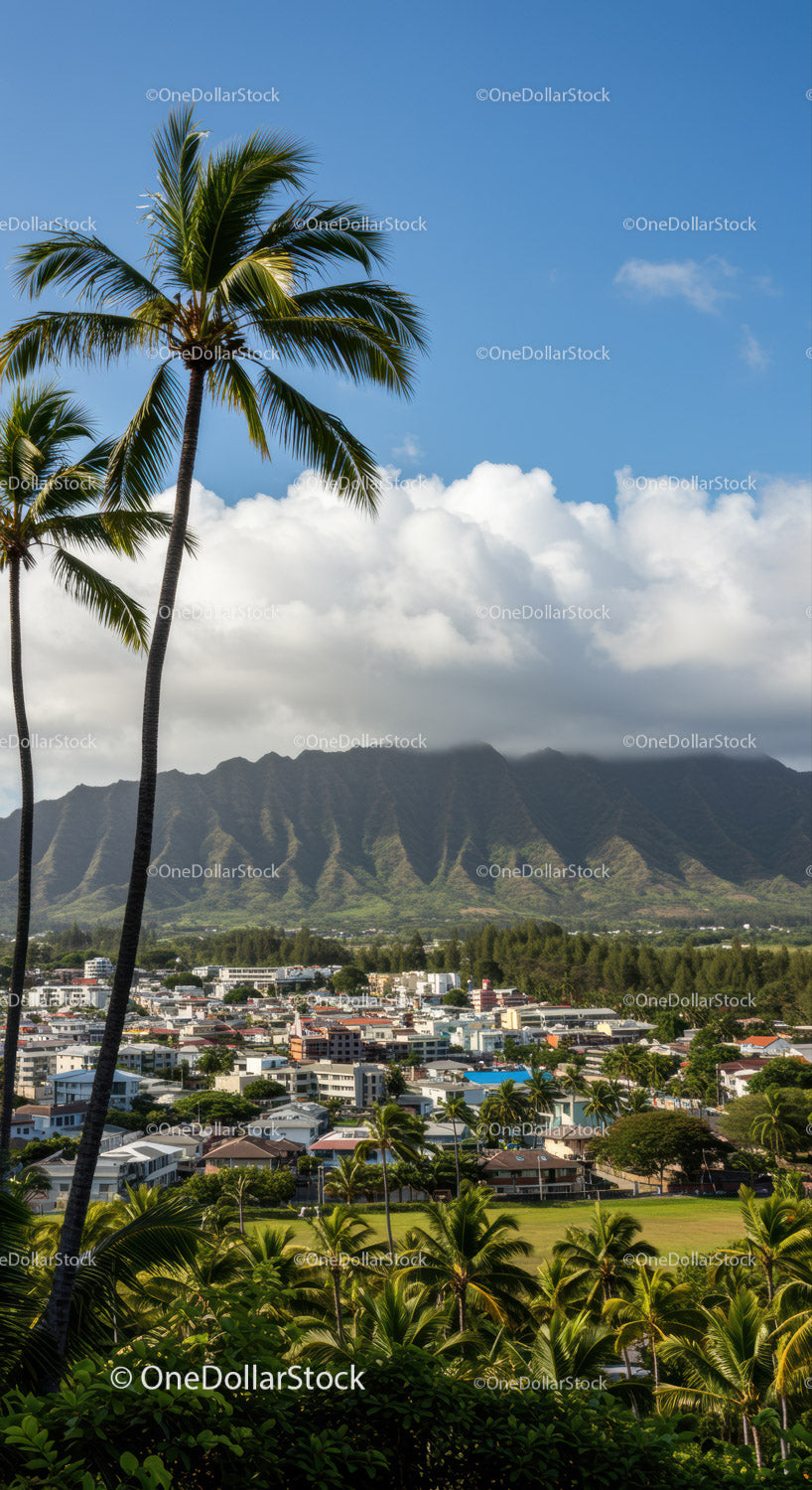 Tropical Palm Trees Overlooking Coastal City with Mountain Background