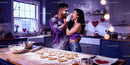Couple Playfully Baking Heart Cookies in Romantic Kitchen