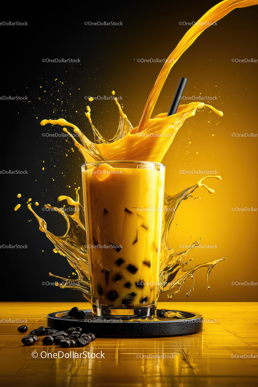 Black Iced Coffee Splash in Glass with Coffee Beans