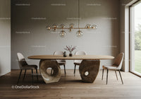 Modern Minimalist Dining Room with Unique Table and Stylish Chairs