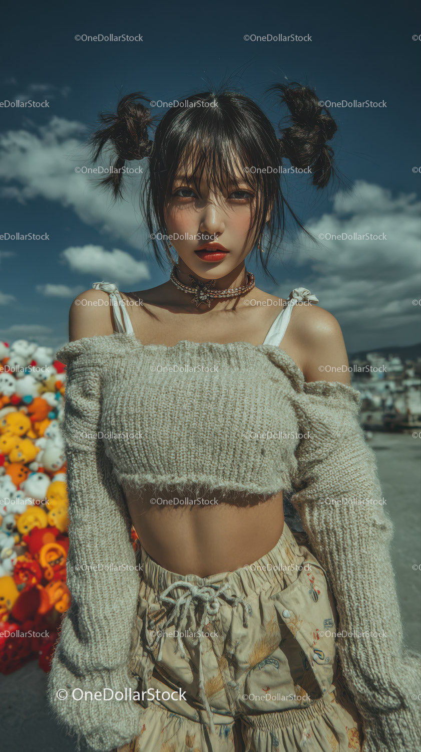 Young Woman in Casual Summer Outfit with Playful Hair and Bold Makeup
