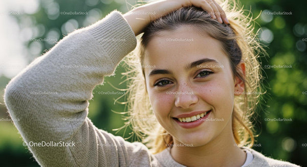 Young Woman Smiling Outdoors in Sunlight with Natural Beauty