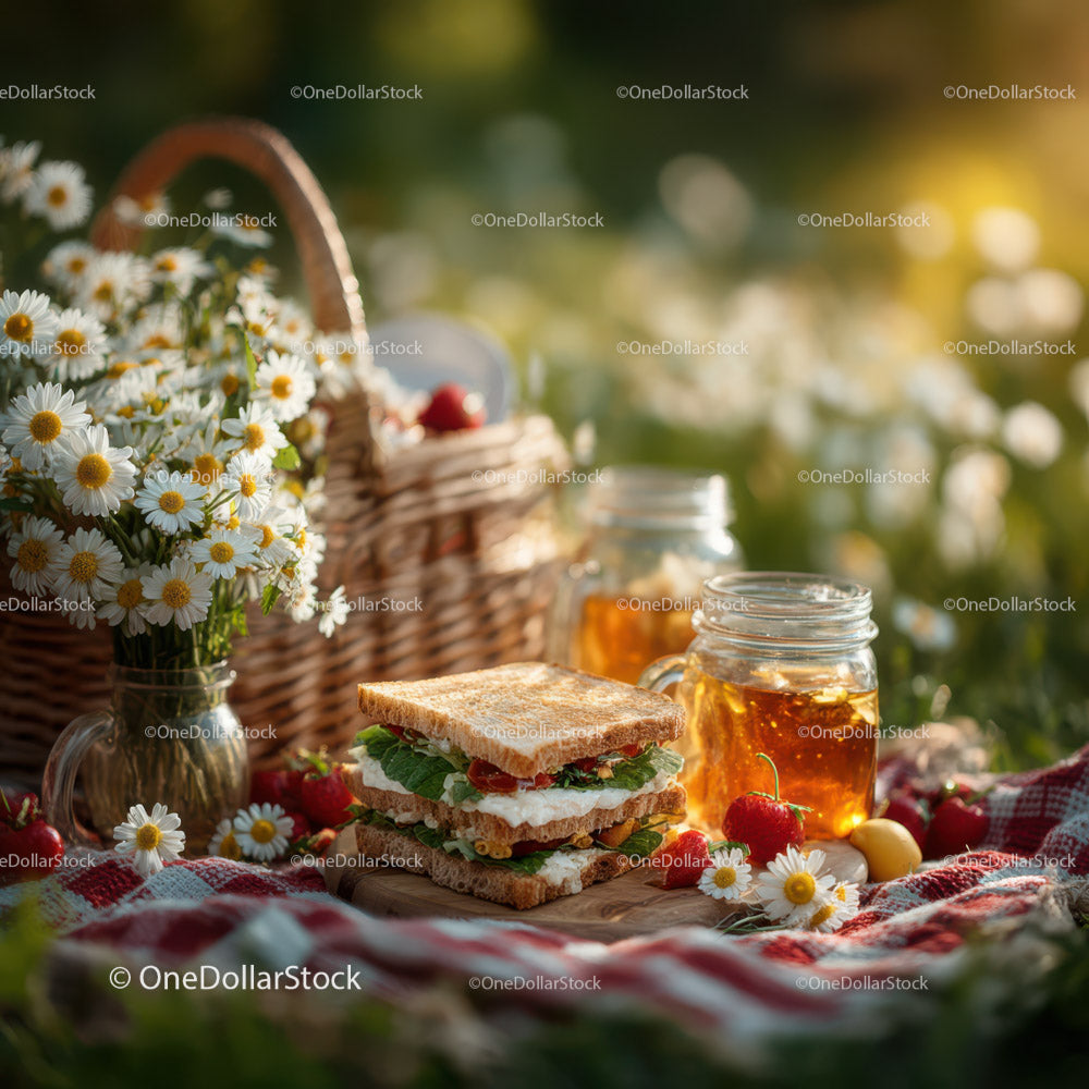 Delicious Picnic Sandwich with Fresh Flowers and Refreshing Drinks