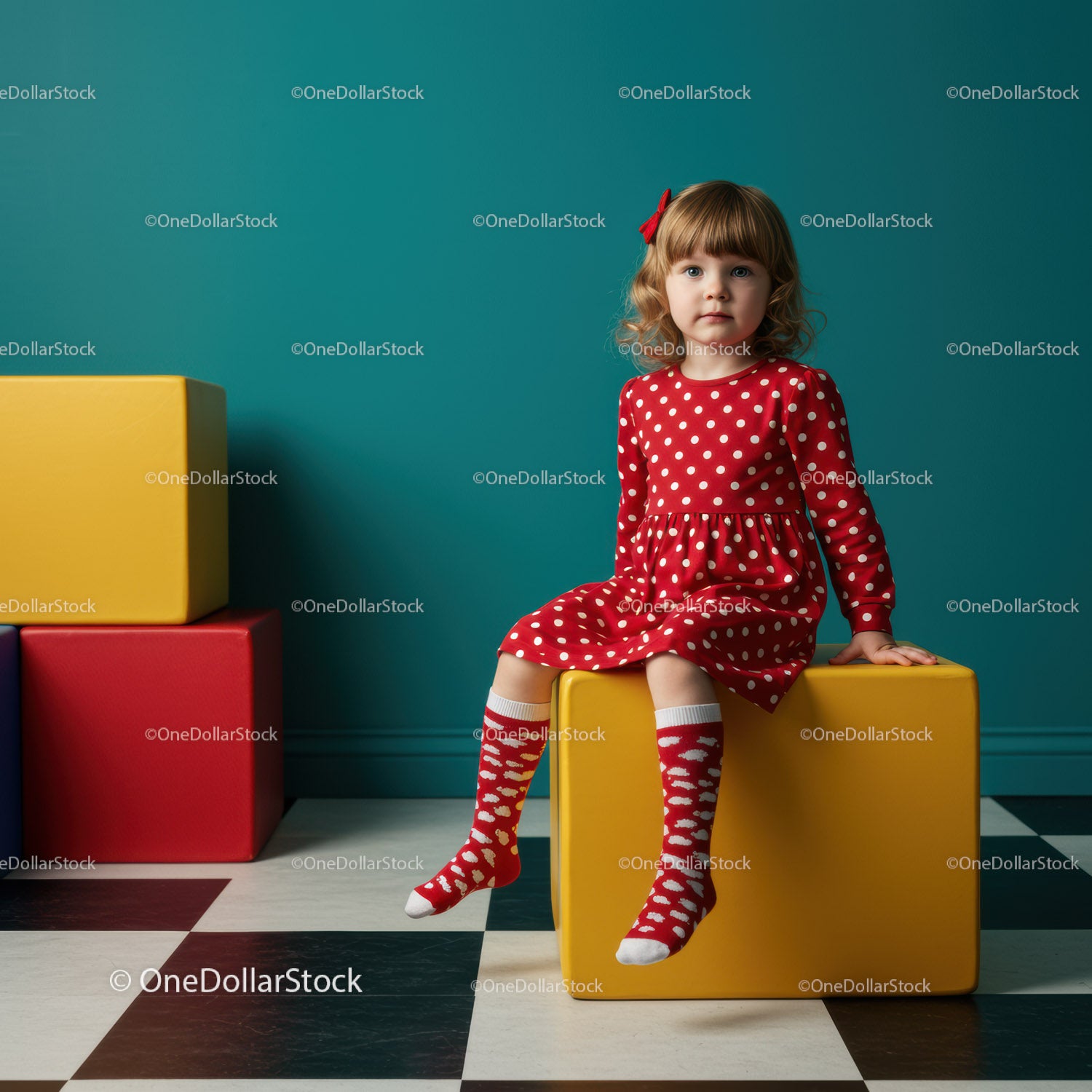 Little girl in red polka dot dress sitting on yellow cube