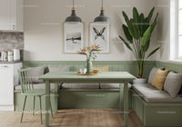 Elegant Green Kitchen Nook with Potted Plant and Modern Decor