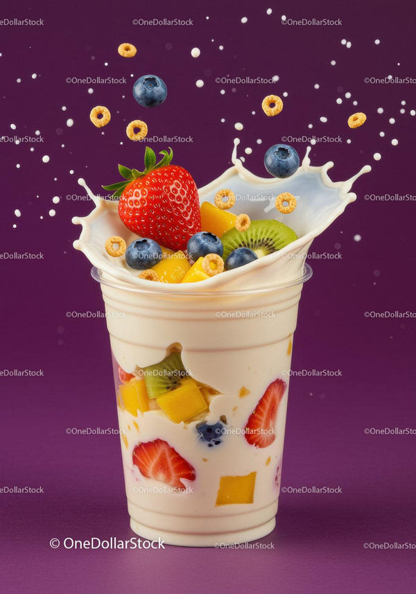 Fresh Fruit and Cereal Splashing into Yogurt Glass