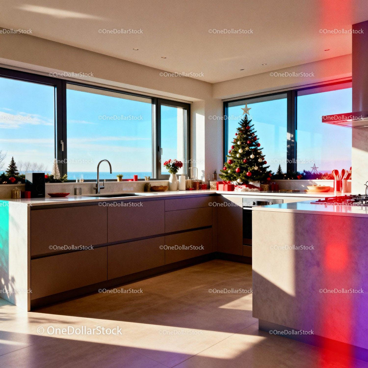 Modern kitchen decorated with Christmas tree and gifts