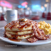 Stack of Pancakes with Syrup and Bacon on a Breakfast Plate