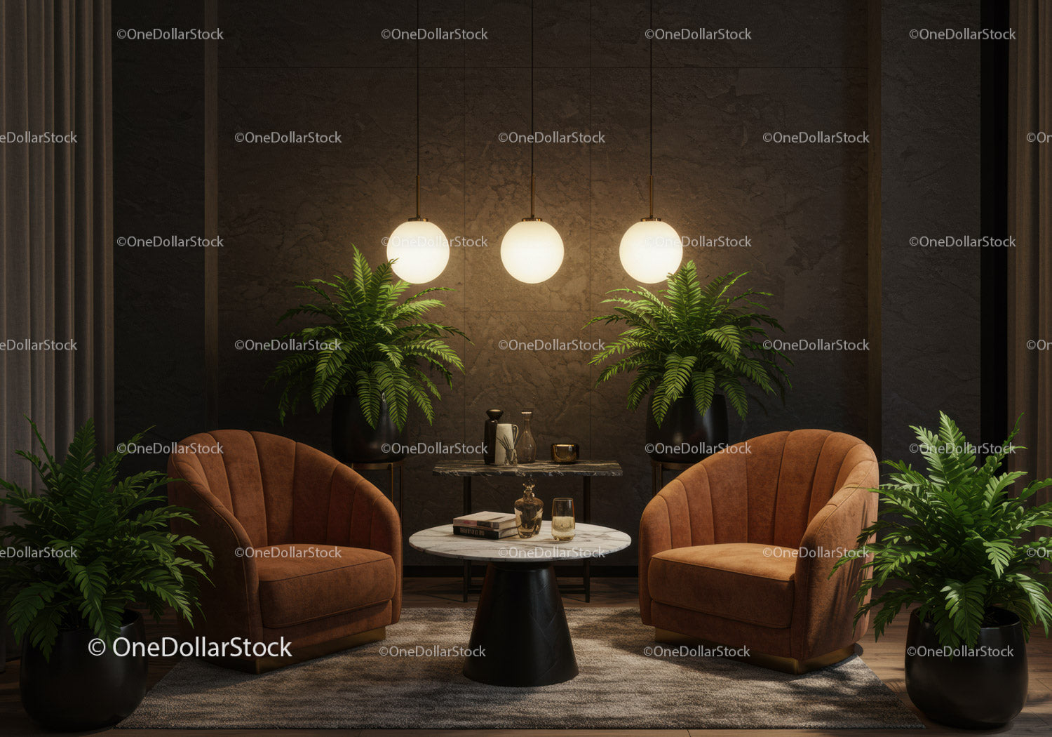 Cozy modern living room with plush armchairs and plants