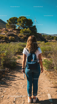 Young Woman Hiking Along Mountain Trail with Wind Turbine in Background