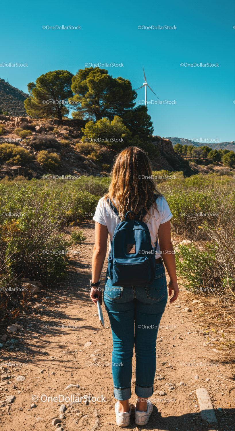 Young Woman Hiking Along Mountain Trail with Wind Turbine in Background