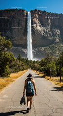 Scenic Mountain Waterfall with Forest Pathway and Solo Female Hiker