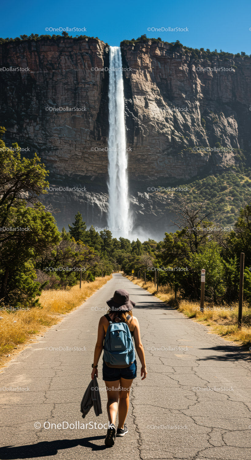 Scenic Mountain Waterfall with Forest Pathway and Solo Female Hiker