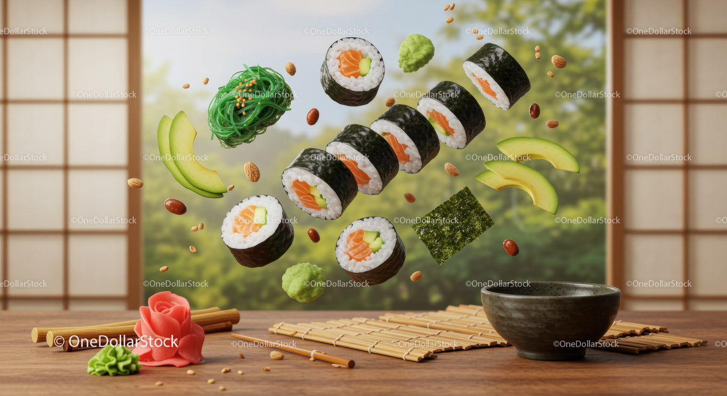 Świeże rolki sushi z łososiem, awokado i wodorostami