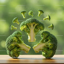 Fresh Broccoli Florets Floating Over Wooden Surface