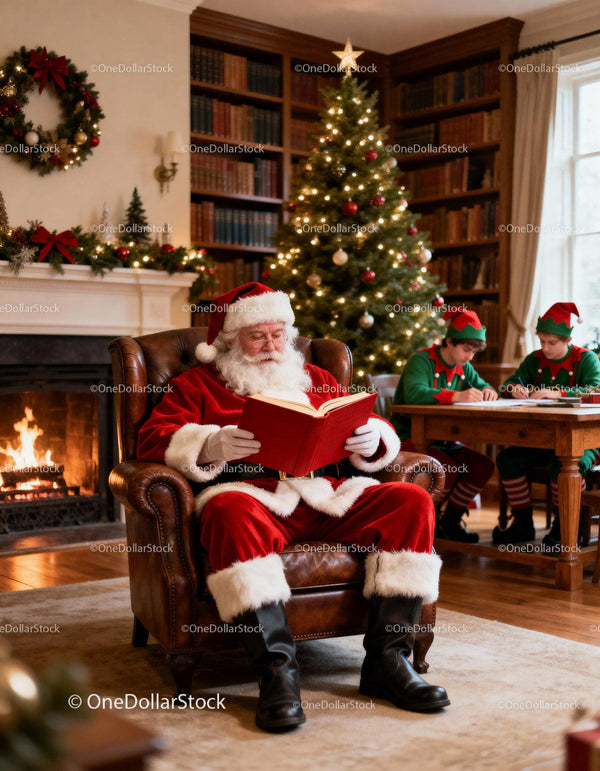 Santa Reading By Fireplace with Elves Writing Letters
