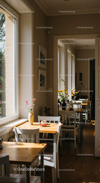 Bright Sunlit Dining Area with Fresh Flowers