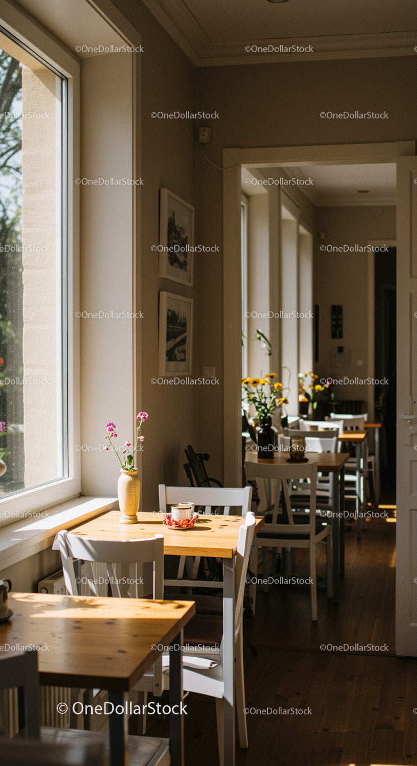 Bright Sunlit Dining Area with Fresh Flowers