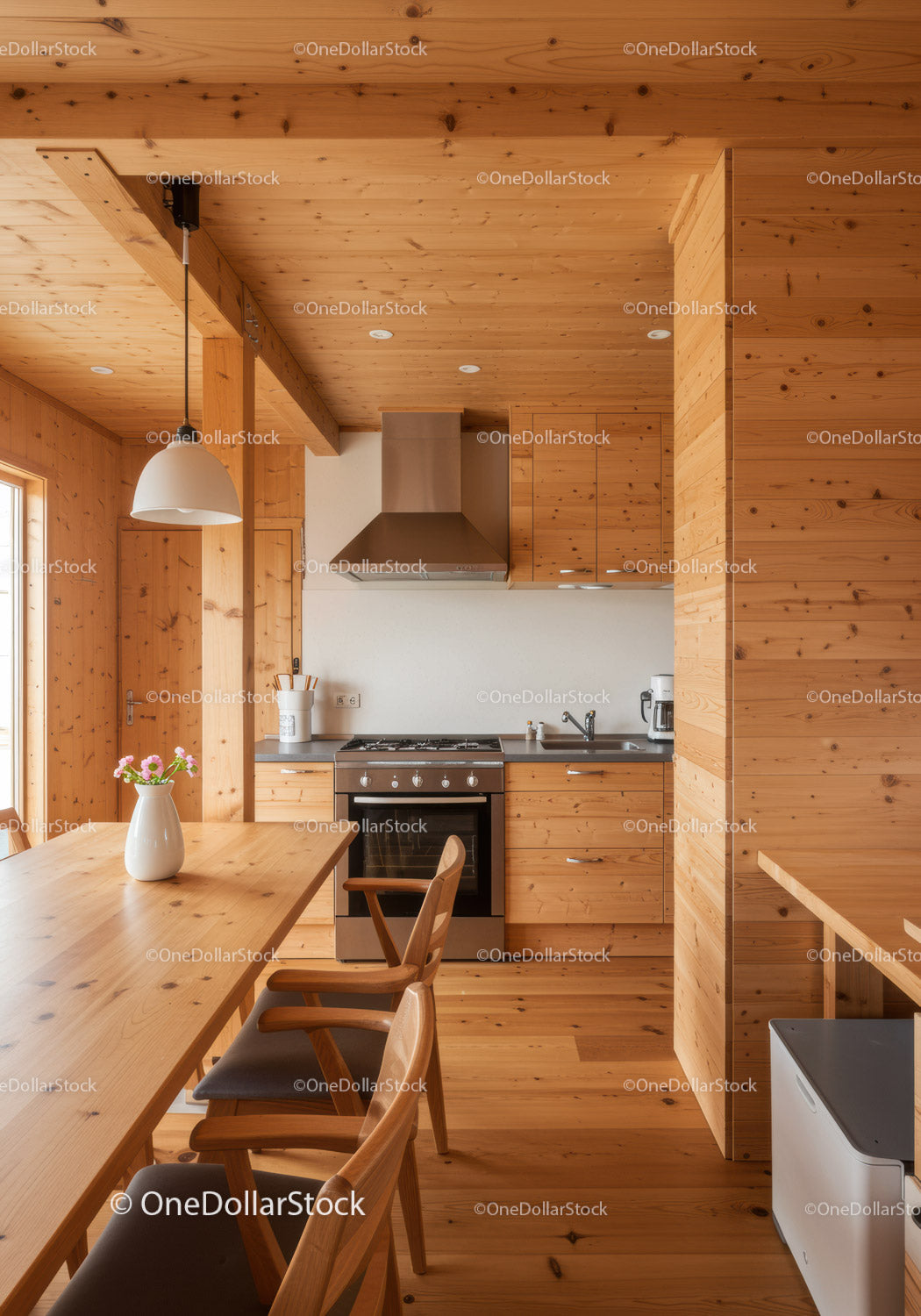 Modern Cozy Wooden Kitchen with Dining Area and Warm Interior