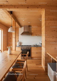Modern Cozy Wooden Kitchen with Dining Area and Warm Interior