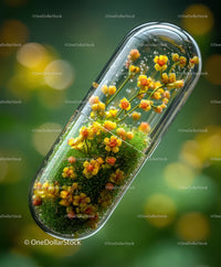Yellow Flowered Moss in Transparent Capsule for Botanical and Nature Themes