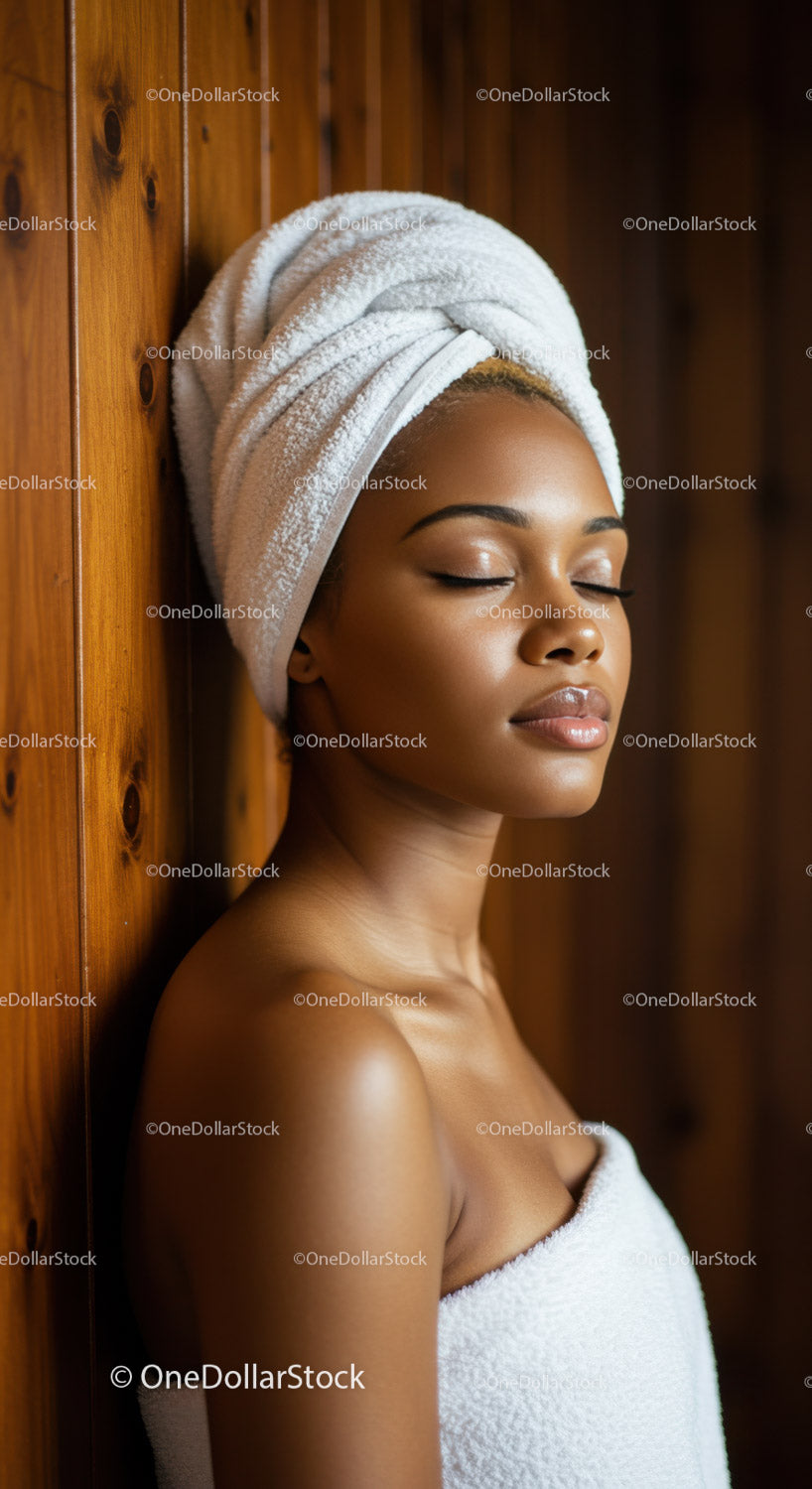Relaxed Woman with Towel Wrapped Hair at Spa in Serene Atmosphere