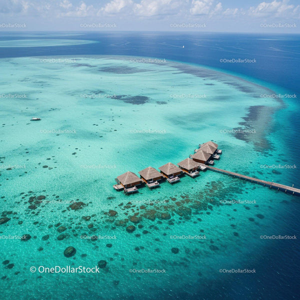 Overwater Bungalows in Turquoise Water with Coral Reefs and Island Views