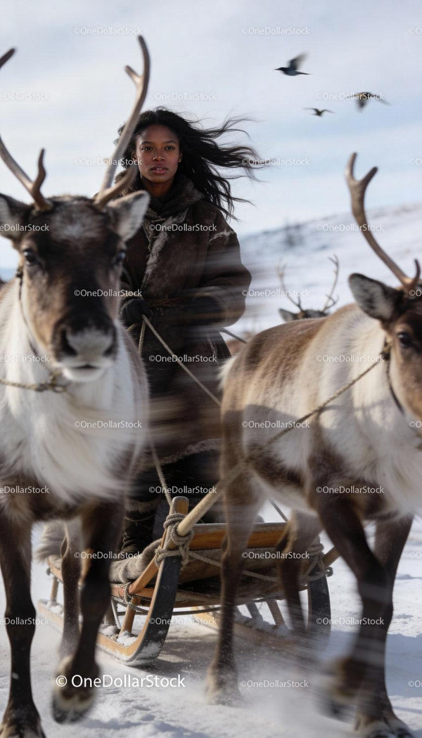 Woman driving reindeer sled across snowy landscape
