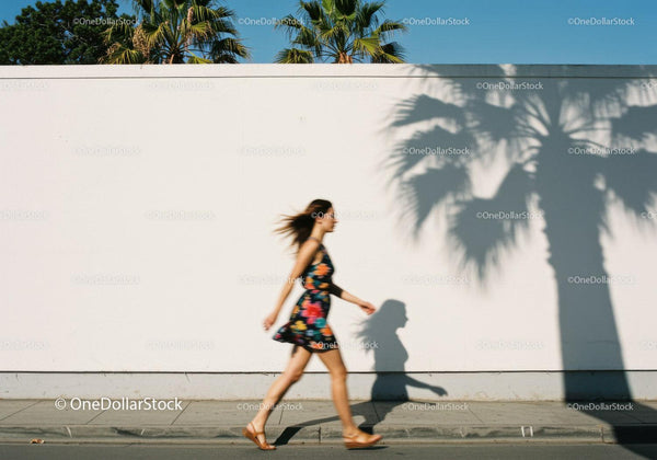 Woman walking past palm tree shadows on sunny street JPG Mockup Image